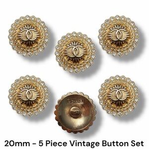Set of 5 Vintage Stamped Designer Luxury Buttons Gold & White Rhinestone - 20mm
